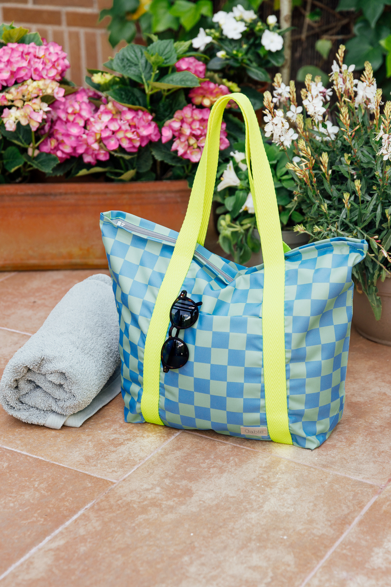 Bolsa de playa impermeable pequeña vichy azul y verde